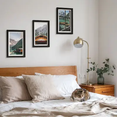 Juego de 3 cuadros decorativos con paisaje de lago de montaña, bote y casas de madera