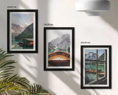 Juego de 3 cuadros decorativos con paisaje de lago de montaña, bote y casas de madera