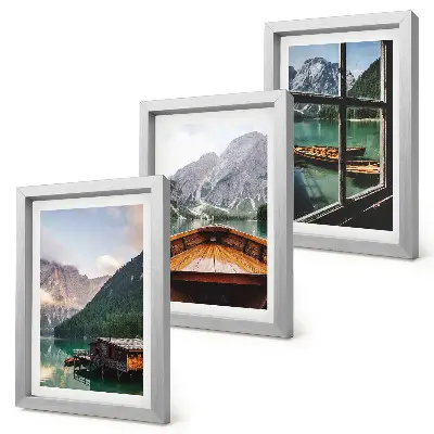 Juego de 3 cuadros decorativos con paisaje de lago de montaña, bote y casas de madera