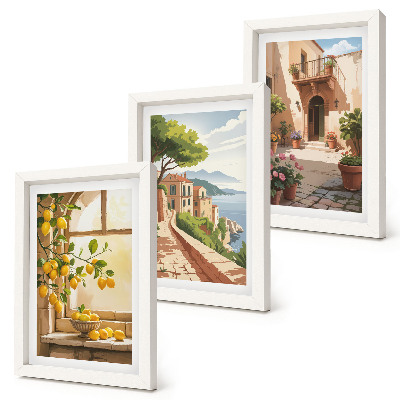 Tríptico enmarcado Frutas cítricas en la cocina con vistas al mar y al encantador pueblo.