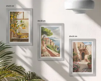 Tríptico enmarcado de frutas cítricas en la cocina frente al mar y al pueblo
