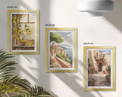 Tríptico enmarcado de frutas cítricas en la cocina frente al mar y al pueblo