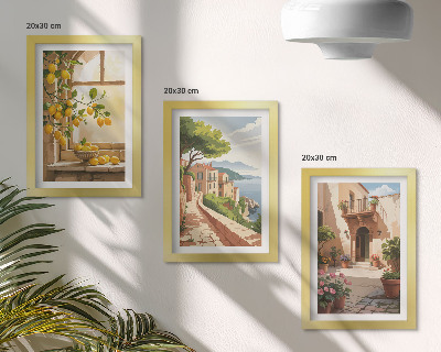 Tríptico enmarcado Frutas cítricas en la cocina con vistas al mar y al encantador pueblo.