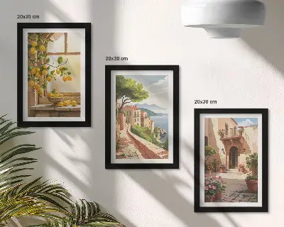 Tríptico enmarcado de frutas cítricas en la cocina frente al mar y al pueblo