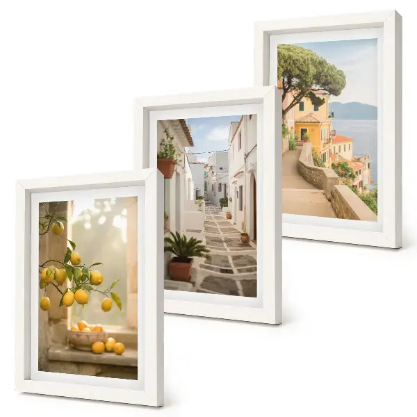 Juego de 3 cuadros decorativos con vista de cítricos desde la ventana y arquitectura costera