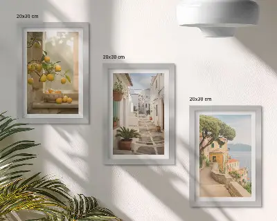 Juego de 3 cuadros decorativos con vista de cítricos desde la ventana y arquitectura costera