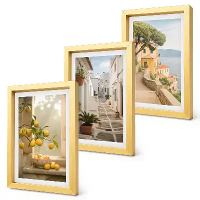 Juego de 3 cuadros decorativos con vista de cítricos desde la ventana y arquitectura costera