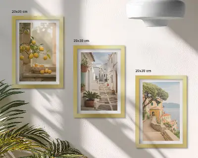 Juego de 3 cuadros decorativos con vista de cítricos desde la ventana y arquitectura costera