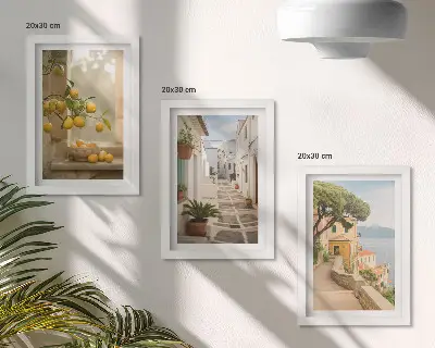 Juego de 3 cuadros decorativos con vista de cítricos desde la ventana y arquitectura costera