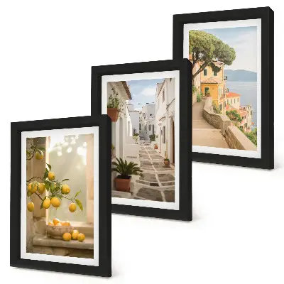 Juego de 3 cuadros decorativos con vista de cítricos desde la ventana y arquitectura costera