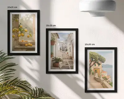 Juego de 3 cuadros decorativos con vista de cítricos desde la ventana y arquitectura costera