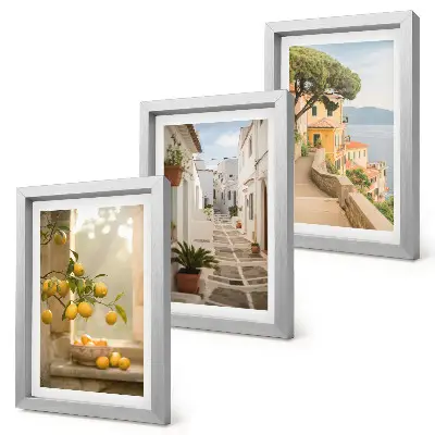 Juego de 3 cuadros decorativos con vista de cítricos desde la ventana y arquitectura costera