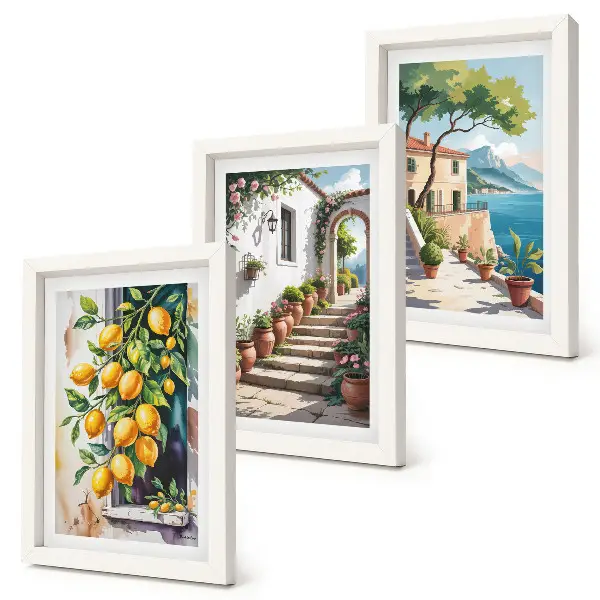 Tríptico enmarcado limones con fondo de flores y vistas al mar