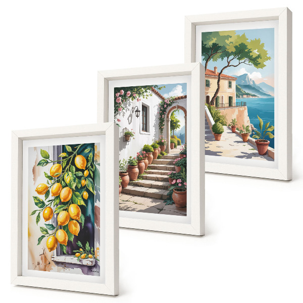 Tríptico enmarcado Limones con un fondo de flores y vistas al mar.