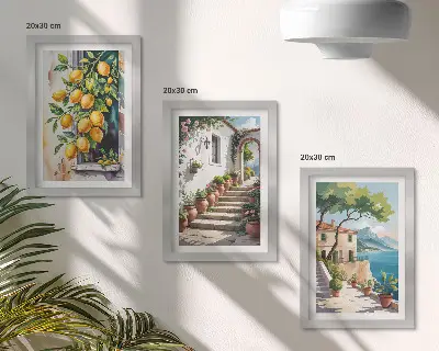Tríptico enmarcado limones con fondo de flores y vistas al mar