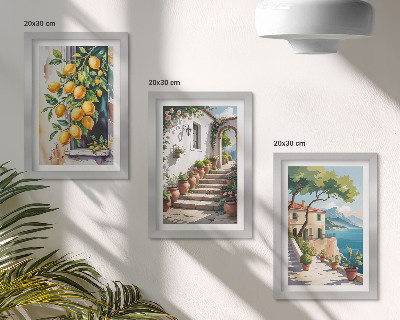 Tríptico enmarcado Limones con un fondo de flores y vistas al mar.