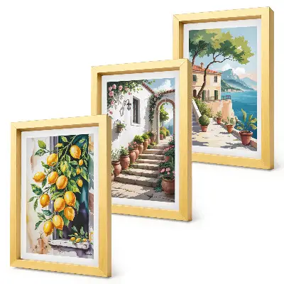 Tríptico enmarcado limones con fondo de flores y vistas al mar