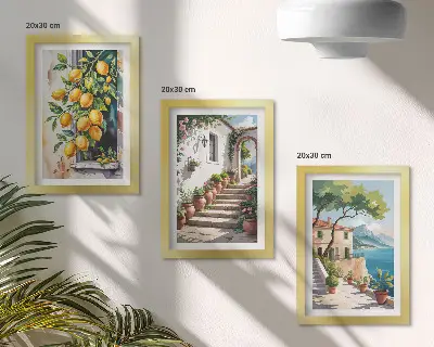 Tríptico enmarcado limones con fondo de flores y vistas al mar