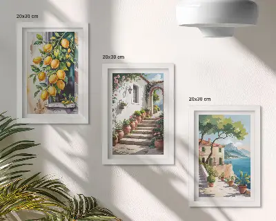 Tríptico enmarcado limones con fondo de flores y vistas al mar