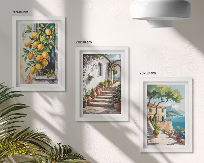 Tríptico enmarcado Limones con un fondo de flores y vistas al mar.