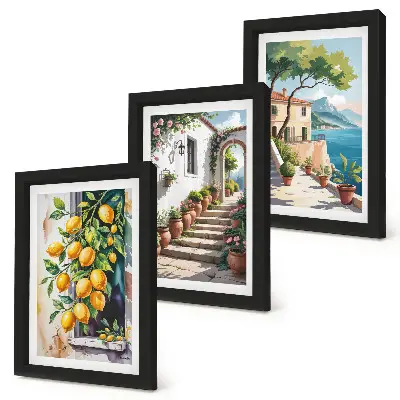 Tríptico enmarcado limones con fondo de flores y vistas al mar