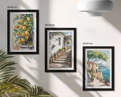 Tríptico enmarcado limones con fondo de flores y vistas al mar