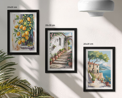 Tríptico enmarcado Limones con un fondo de flores y vistas al mar.