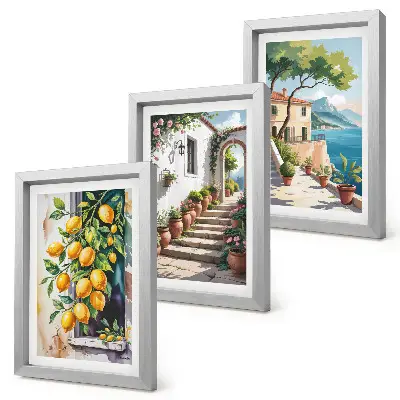 Tríptico enmarcado limones con fondo de flores y vistas al mar