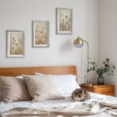 Juego de 3 cuadros decorativos con diseño de dientes de león blancos sobre fondo de colores brillantes