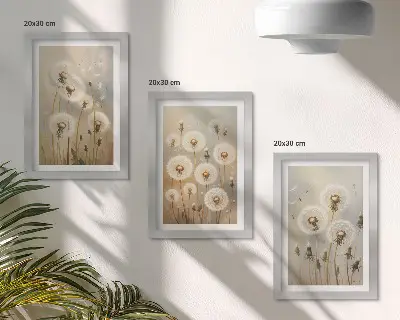 Juego de 3 cuadros decorativos con diseño de dientes de león blancos sobre fondo de colores brillantes