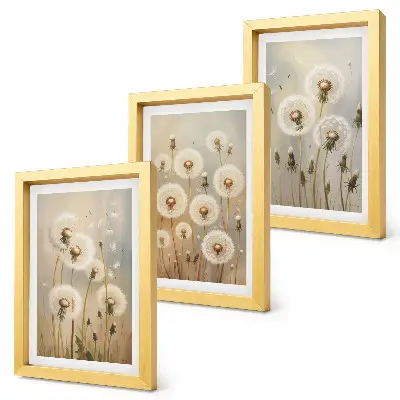 Juego de 3 cuadros decorativos con diseño de dientes de león blancos sobre fondo de colores brillantes