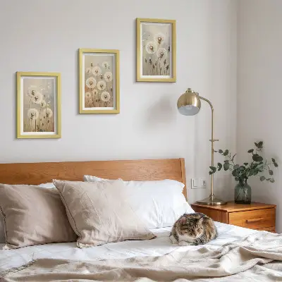 Juego de 3 cuadros decorativos con diseño de dientes de león blancos sobre fondo de colores brillantes