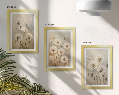 Juego de 3 cuadros decorativos con diseño de dientes de león blancos sobre fondo de colores brillantes
