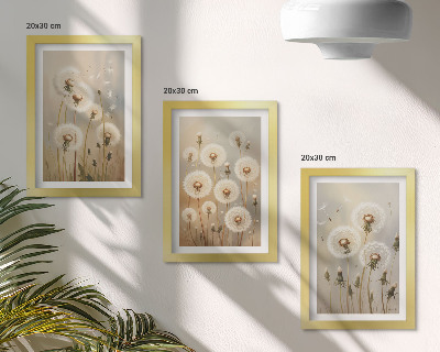Juego de 3 cuadros decorativos Dientes de león blancos sobre un fondo de colores brillantes.