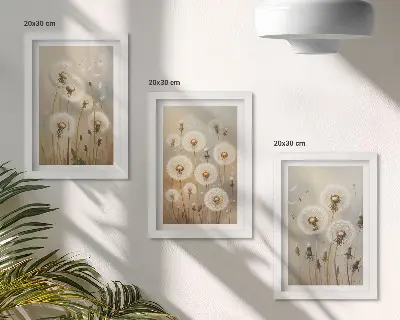 Juego de 3 cuadros decorativos con diseño de dientes de león blancos sobre fondo de colores brillantes