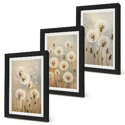 Juego de 3 cuadros decorativos con diseño de dientes de león blancos sobre fondo de colores brillantes