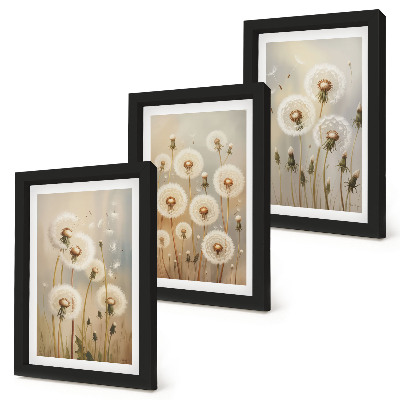 Juego de 3 cuadros decorativos Dientes de león blancos sobre un fondo de colores brillantes.