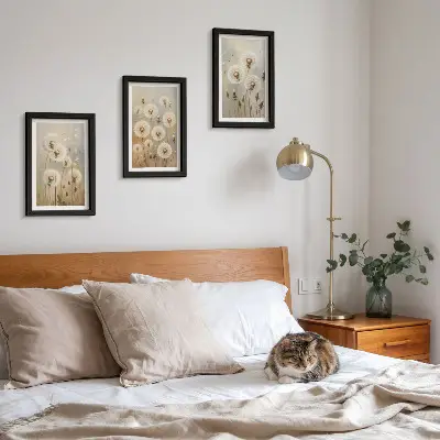 Juego de 3 cuadros decorativos con diseño de dientes de león blancos sobre fondo de colores brillantes