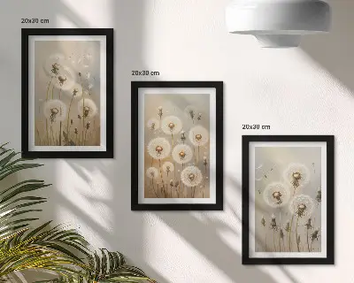 Juego de 3 cuadros decorativos con diseño de dientes de león blancos sobre fondo de colores brillantes