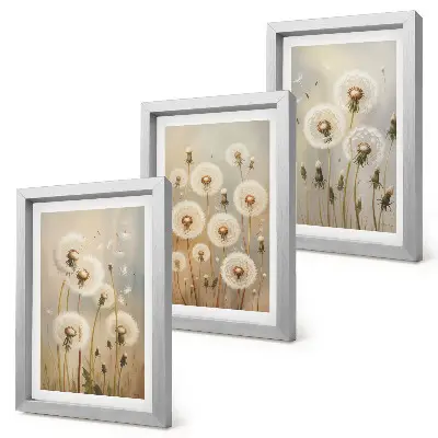 Juego de 3 cuadros decorativos con diseño de dientes de león blancos sobre fondo de colores brillantes