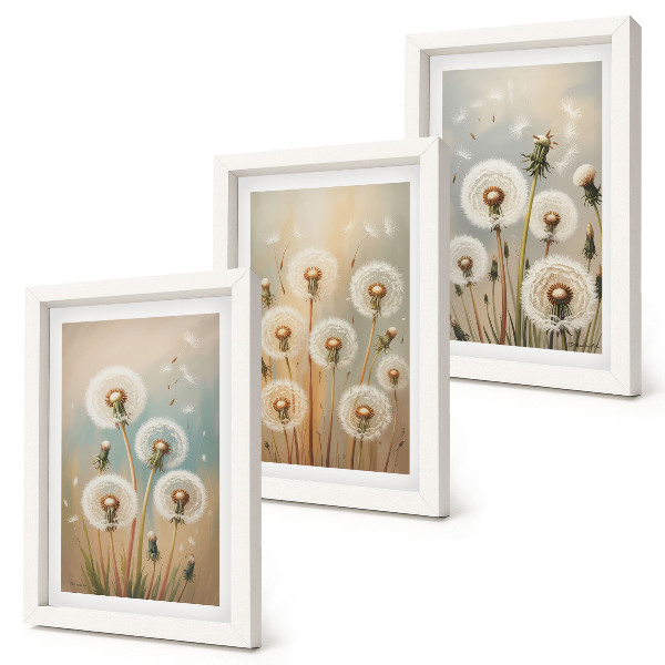 Tríptico enmarcado Flores de diente de león sobre un fondo de colores pastel.