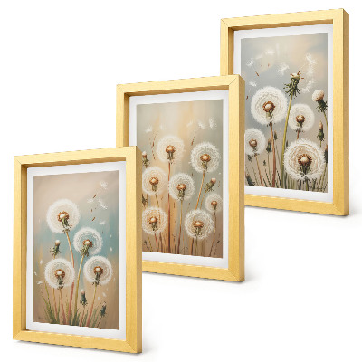 Tríptico enmarcado Flores de diente de león sobre un fondo de colores pastel.
