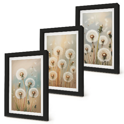Tríptico enmarcado Flores de diente de león sobre un fondo de colores pastel.