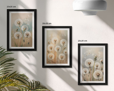 Tríptico enmarcado Flores de diente de león sobre un fondo de colores pastel.