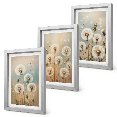Tríptico enmarcado Flores de diente de león sobre un fondo de colores pastel.
