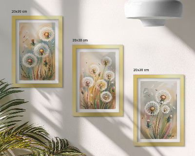 Juego de 3 cuadros decorativos Flores de diente de león sobre un fondo de hierbas en tonos pastel.