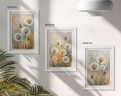 Juego de 3 cuadros decorativos Flores de diente de león sobre un fondo de hierbas en tonos pastel.