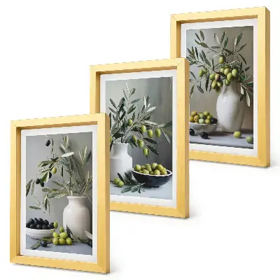 Juego de 3 cuadros decorativos con diseño de aceitunas en jarrones y ramas sobre fondo gris