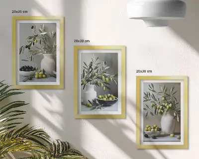 Juego de 3 cuadros decorativos con diseño de aceitunas en jarrones y ramas sobre fondo gris