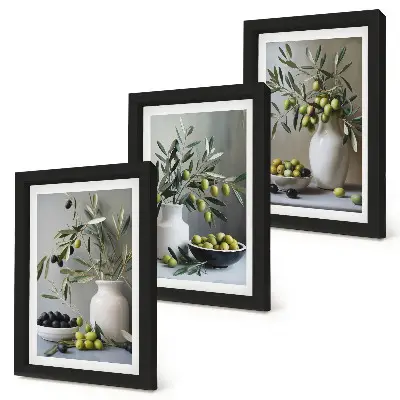 Juego de 3 cuadros decorativos con diseño de aceitunas en jarrones y ramas sobre fondo gris